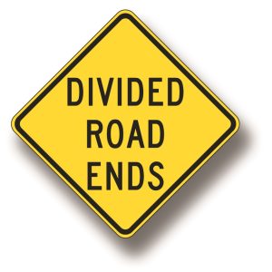 Divided road ends sign
